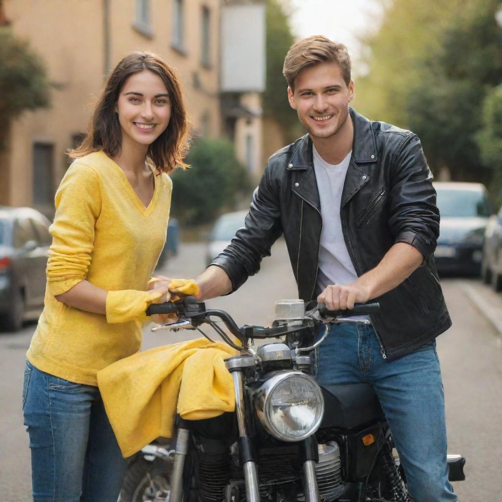 A young couple smiling and working together to clean their gleaming motorbike with a bright yellow microfiber cloth. The scene is full of warmth and camaraderie.