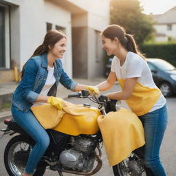 A young couple smiling and working together to clean their gleaming motorbike with a bright yellow microfiber cloth. The scene is full of warmth and camaraderie.