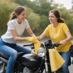 A young couple smiling and working together to clean their gleaming motorbike with a bright yellow microfiber cloth. The scene is full of warmth and camaraderie.