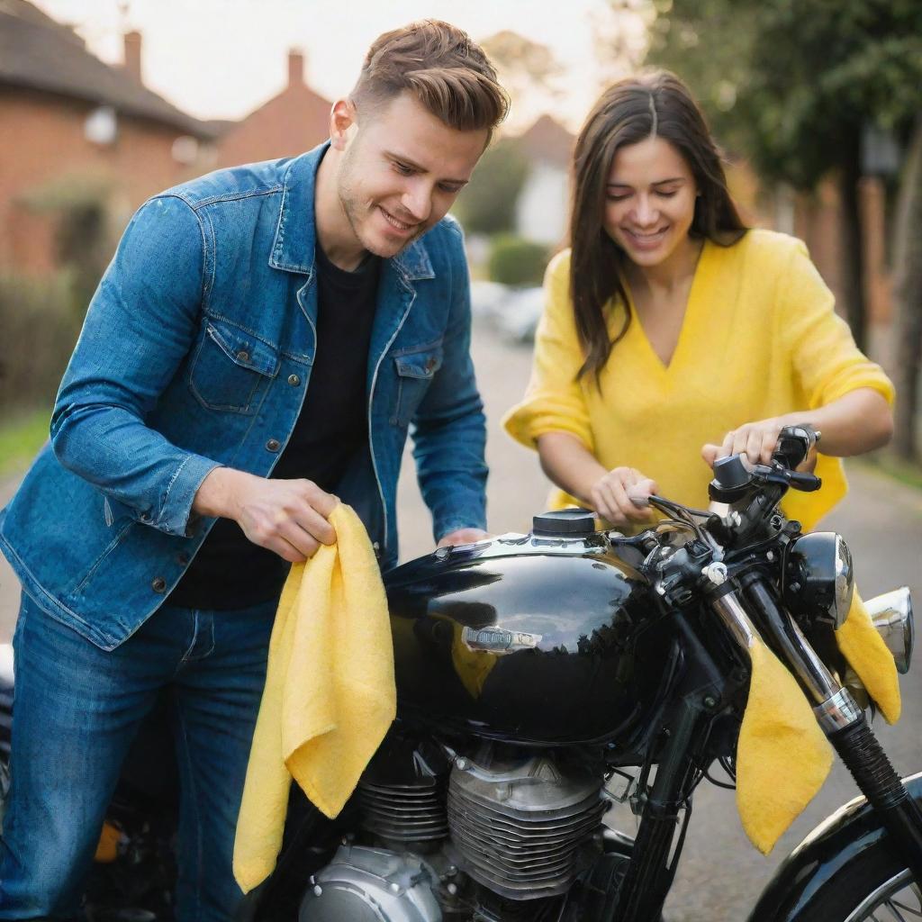 A young couple working together to clean their shiny motorbike with a small, bright yellow microfiber cloth. The scene radiates warmth, effort, and teamwork.