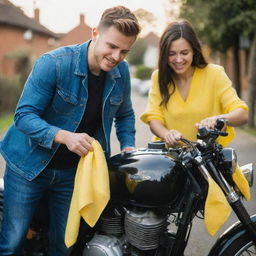 A young couple working together to clean their shiny motorbike with a small, bright yellow microfiber cloth. The scene radiates warmth, effort, and teamwork.