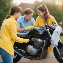 A young couple working together to clean their shiny motorbike with a small, bright yellow microfiber cloth. The scene radiates warmth, effort, and teamwork.