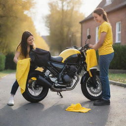 A young couple working together to clean their shiny motorbike with a small, bright yellow microfiber cloth. The scene radiates warmth, effort, and teamwork.