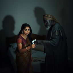 A tense scene set in a dimly lit room in front of a bed, featuring a scared Indian woman with a worried expression as she hands over cash to an older African male dressed in traditional attire