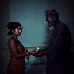 A tense scene set in a dimly lit room in front of a bed, featuring a scared Indian woman with a worried expression as she hands over cash to an older African male dressed in traditional attire