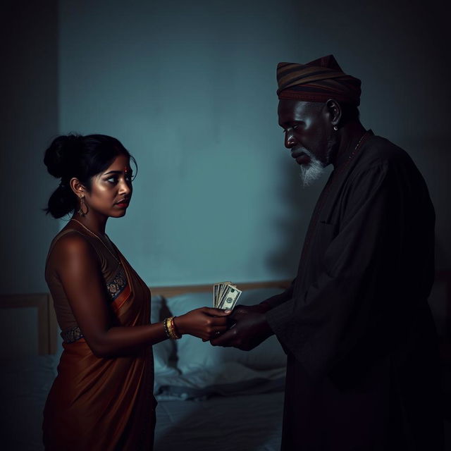 A tense scene set in a dimly lit room in front of a bed, featuring a scared Indian woman with a worried expression as she hands over cash to an older African male dressed in traditional attire