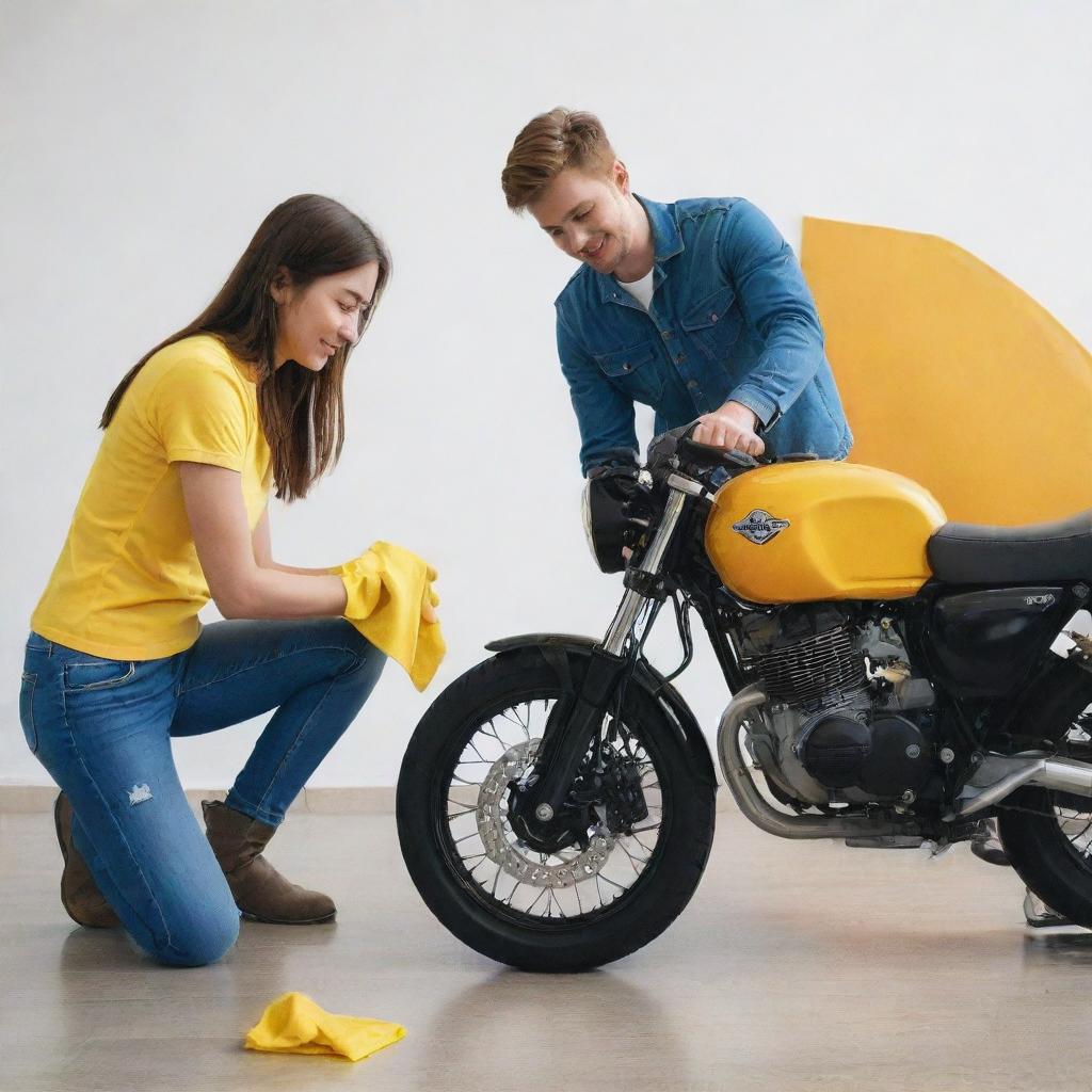 A young couple working together to clean their shiny motorbike with a small, bright yellow microfiber cloth. The scene radiates warmth, effort, and teamwork.