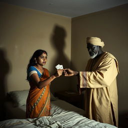 A tense scene set in a dimly lit room in front of a bed, featuring a scared Indian woman with a worried expression as she hands over cash to an older African male dressed in traditional attire