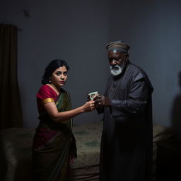 A tense scene set in a dimly lit room in front of a bed, featuring a scared Indian woman with a worried expression as she hands over cash to an older African male dressed in traditional attire