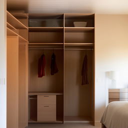 An L-shaped his and her closet with the woman's side at 8ft long, the man's side at 4ft wide, and an 8ft ceiling. Opposite the woman's side is a chest of drawers standing at 4ft high.