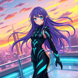 An anime girl with long, flowing purple hair and bright blue eyes, wearing a stylish, futuristic outfit composed of a sleek black bodysuit with glowing teal accents