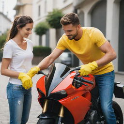 A young, attractive couple attentively cleaning a sleek Ducati motorbike with a small, bright yellow microfiber cloth, their dedication and teamwork visible in their actions.