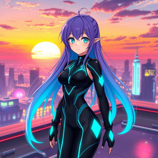 An anime girl with long, flowing purple hair and bright blue eyes, wearing a stylish, futuristic outfit composed of a sleek black bodysuit with glowing teal accents