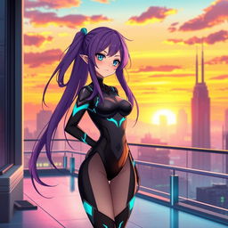 An anime girl with long, flowing purple hair and bright blue eyes, wearing a stylish, futuristic outfit composed of a sleek black bodysuit with glowing teal accents