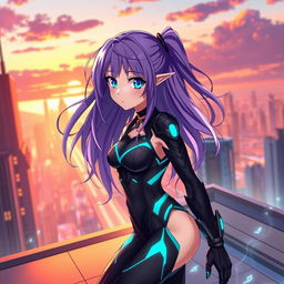 An anime girl with long, flowing purple hair and bright blue eyes, wearing a stylish, futuristic outfit composed of a sleek black bodysuit with glowing teal accents