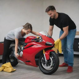 A young, handsome couple passionately cleaning a fiery red Ducati motorbike with a small, bright yellow microfiber cloth. They devote meticulous care to every detail, expressing their love for the bike.