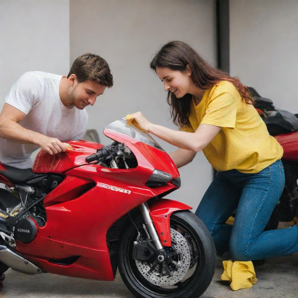 A young, handsome couple passionately cleaning a fiery red Ducati motorbike with a small, bright yellow microfiber cloth. They devote meticulous care to every detail, expressing their love for the bike.