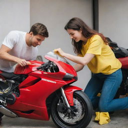 A young, handsome couple passionately cleaning a fiery red Ducati motorbike with a small, bright yellow microfiber cloth. They devote meticulous care to every detail, expressing their love for the bike.