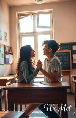 A windowless classroom featuring two teenagers deeply in love, sharing a tender moment