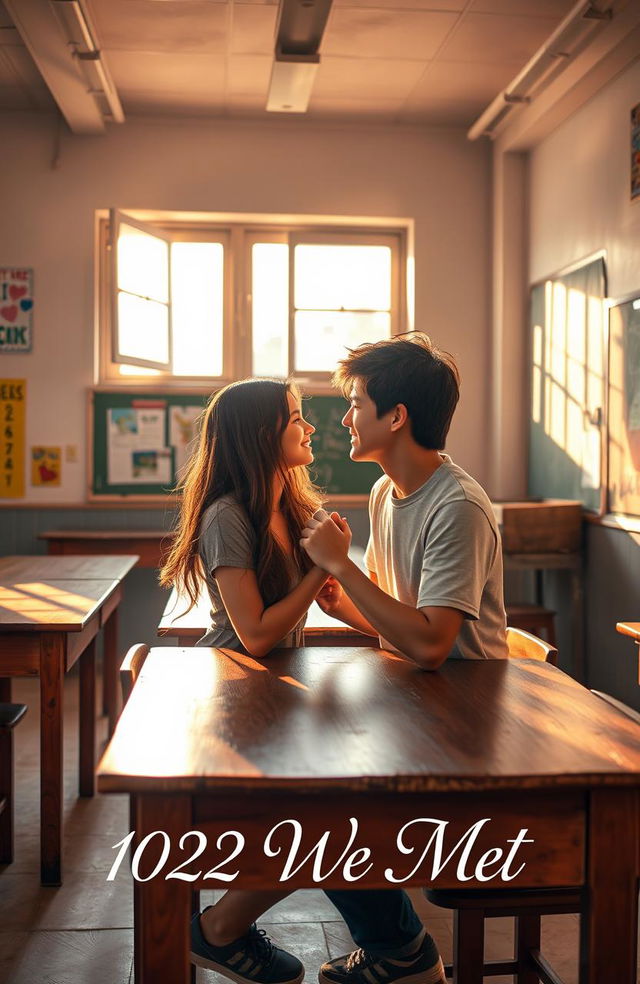 A windowless classroom featuring two teenagers deeply in love, sharing a tender moment