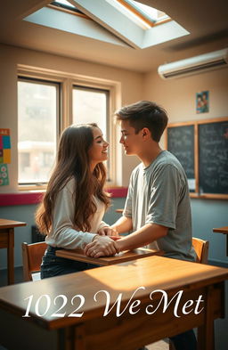 A windowless classroom featuring two teenagers deeply in love, sharing a tender moment