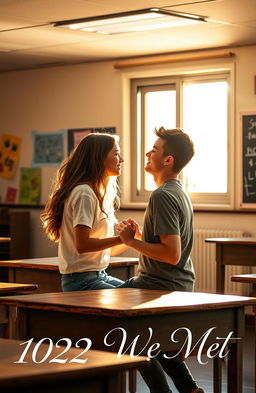 A windowless classroom featuring two teenagers deeply in love, sharing a tender moment