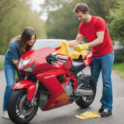 A young, attractive couple engaging in cleaning a bold, red motorbike with a small, bright yellow microfiber cloth. The scene embodies their teamwork and attention to detail.