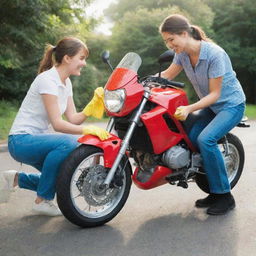 A young, attractive couple engaging in cleaning a bold, red motorbike with a small, bright yellow microfiber cloth. The scene embodies their teamwork and attention to detail.