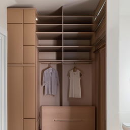 An L-shaped his and her closet with the woman's side at 8ft long, the man's side at 4ft wide, and an 8ft ceiling. Opposite the woman's side is a chest of drawers standing at 4ft high.