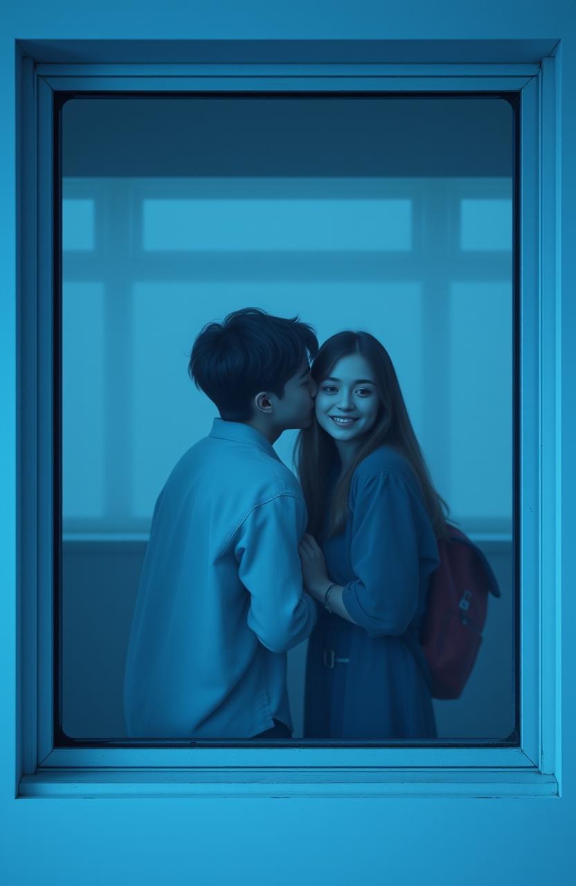 A classroom window without glass, featuring two teenagers in love, depicted in a romantic, dreamy atmosphere