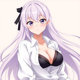 An anime girl with long flowing hair, wearing a crisp white shirt that subtly reveals a stylish black bra underneath