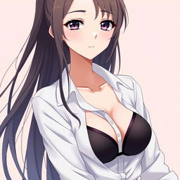 An anime girl with long flowing hair, wearing a crisp white shirt that subtly reveals a stylish black bra underneath