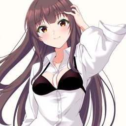 An anime girl with long flowing hair, wearing a crisp white shirt that subtly reveals a stylish black bra underneath