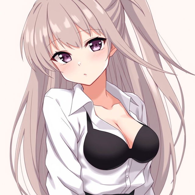 An anime girl with long flowing hair, wearing a crisp white shirt that subtly reveals a stylish black bra underneath