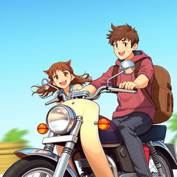 Two fictional high school characters, a girl and a boy, riding an old motorbike while heading home from school
