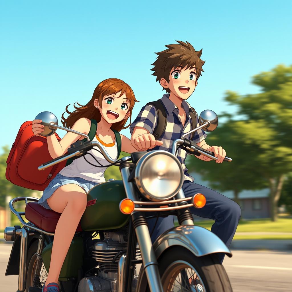 Two fictional high school characters, a girl and a boy, riding an old motorbike while heading home from school