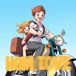 Two fictional high school characters, a girl and a boy, riding an old motorbike while heading home from school