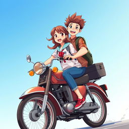 Two fictional high school characters, a girl and a boy, riding an old motorbike while heading home from school