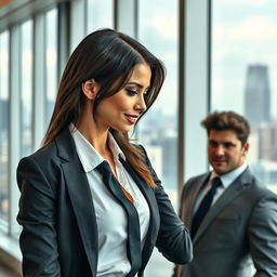 A sophisticated corporate woman with an air of confidence and elegance seeks revenge on a muscular and strong young man by making him fall in love with her
