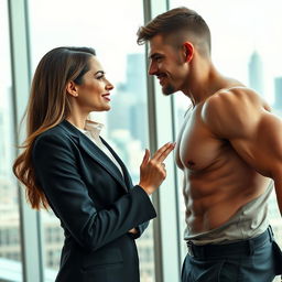 A sophisticated corporate woman with an air of confidence and elegance seeks revenge on a muscular and strong young man by making him fall in love with her
