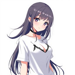 A stylish anime girl wearing a white t-shirt with a black bra visible underneath