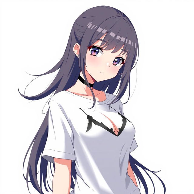 A stylish anime girl wearing a white t-shirt with a black bra visible underneath