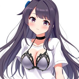 A stylish anime girl wearing a white t-shirt with a black bra visible underneath