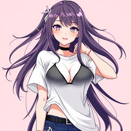 A stylish anime girl wearing a white t-shirt with a black bra visible underneath