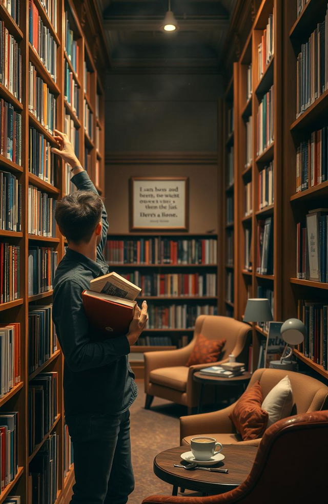 A person browsing through a library filled with tall wooden shelves lined with colorful books