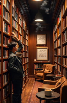 A person browsing through a library filled with tall wooden shelves lined with colorful books