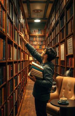 A person browsing through a library filled with tall wooden shelves lined with colorful books