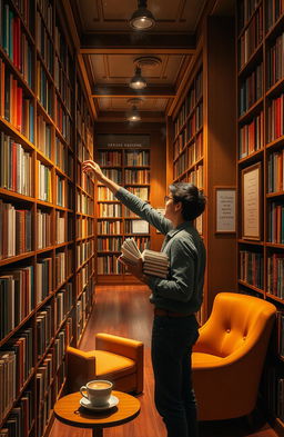 A person browsing through a library filled with tall wooden shelves lined with colorful books