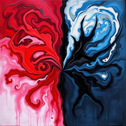 An abstract representation of love, hate, and revenge, depicted through contrasting colors and shapes