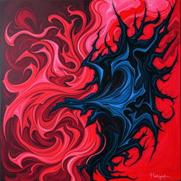 An abstract representation of love, hate, and revenge, depicted through contrasting colors and shapes